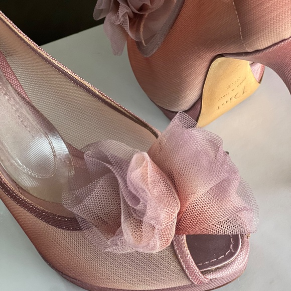 Dior Bagatelle Blush Ombré Peep Toe Pom Bow Wedding Heels Size 38.5 - Picture 6 of 13